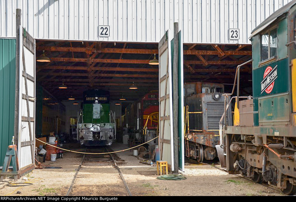 Diesel locomotives inside the barn